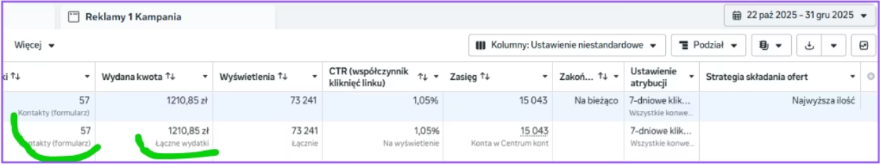 Jedna kampania — 57 zapytań przy budżecie 1 210 zł